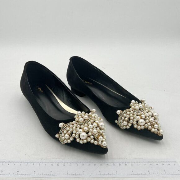 XYD Black Sense of Luxury Pointed Toe Jewelry Pearl Studs Wedding Dress Shoes - Picture 4 of 8